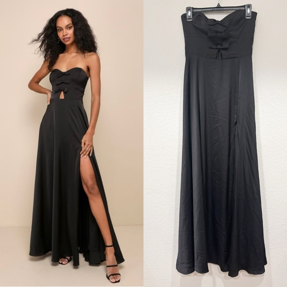 NWOT Lulus Upscale Poise Black‎ Satin Bow Strapless Maxi Dress - Picture 1 of 9
